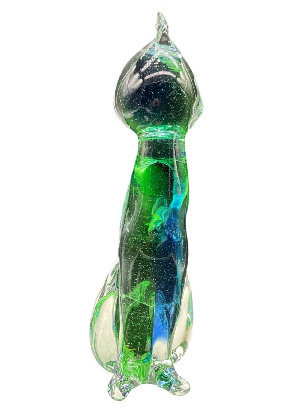 Hand-Blown Art Glass Cat w/ Sommerso Style Blue & Green Clear Bottom Heavy Glass - Picture 4 of 5